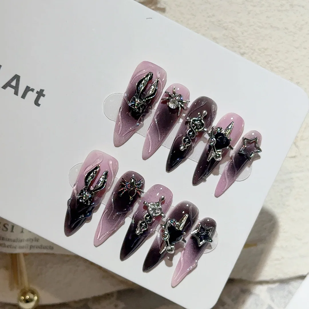 

10Pcs Dark Purple Long Tip Handmade Press on Nails Y2K Spice Girl Wearing Fake Nails Metal 3D Rabbit Spider Star Punk Nail Art