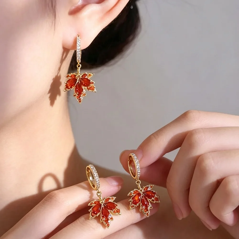 Elegant Simple Maple Leaf Rhinestone Drop Earrings 1 Pair for Women Thanksgiving Holiday Gifts Accessories