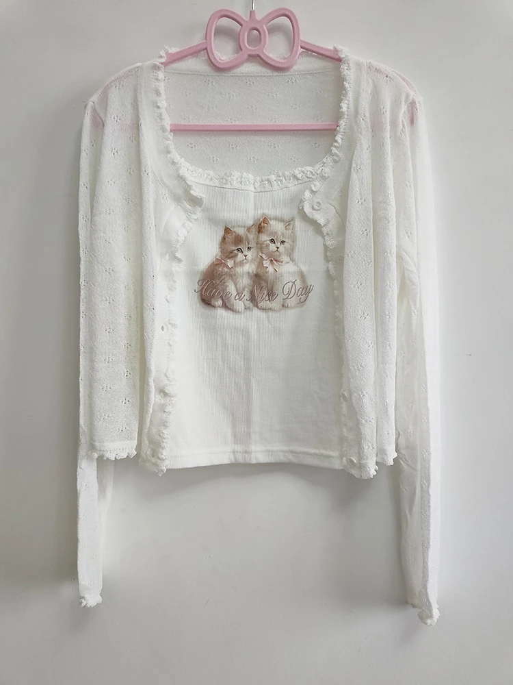 Cute 2 Piece Tops Women Cardigans and Crop Tops for Sweet Girls Lace Trim Two Cats Print Croped Kawaii Clothes