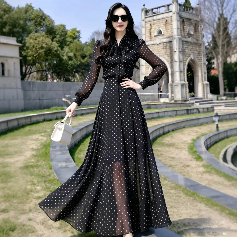 New Women Romantic Dot Long Dress Spring Summer Fashion Long Sleeve High Waist Slim A-Line Dress Casual Flowing Thin Dress