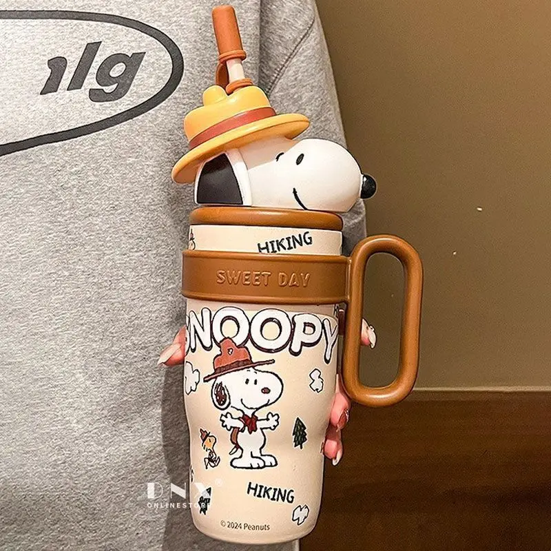 Anime Snoopy Peanuts Character Vacuum Insulated Cup 3D Figurine Lid with Straw Large Handle Design Stainless Steel Water Tumbler