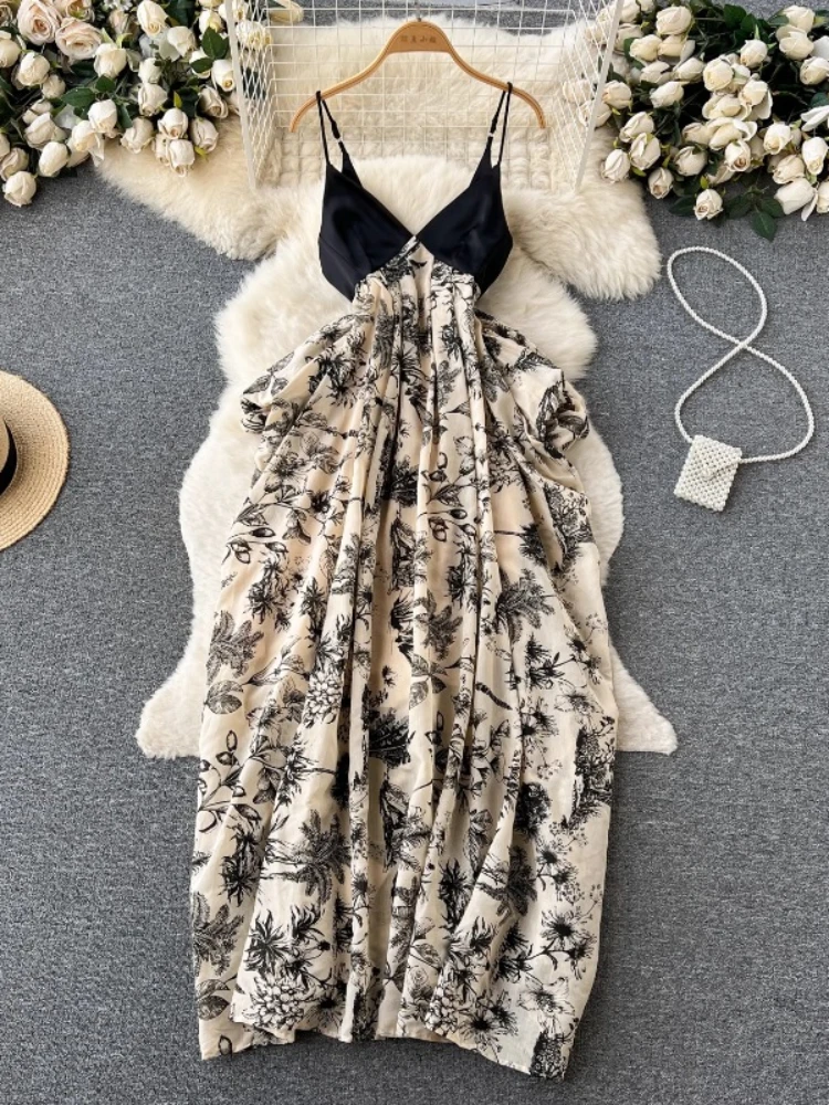 Summer Beach Dress Women Vintage V-neck Patchwork Ink Printed Long Dresses Sexy Backless Elegant Party Dress Long Robe Vestidos