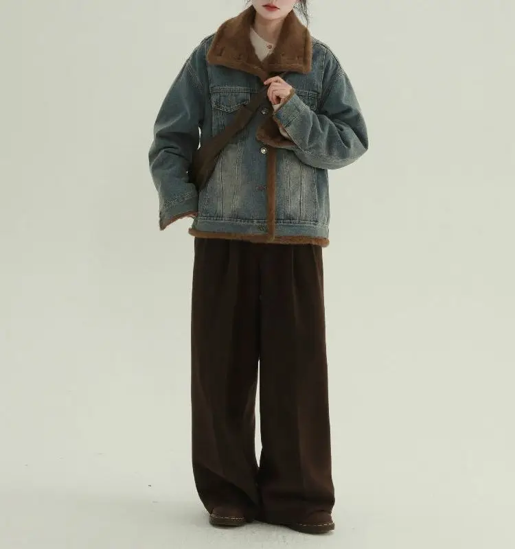 

Denim Coat For Woman With Hoodie Fur Plush Womens Winter Regular-Fit Gothic Punk Nightclub Party Anti-Odor Hooded Padded Snap OL