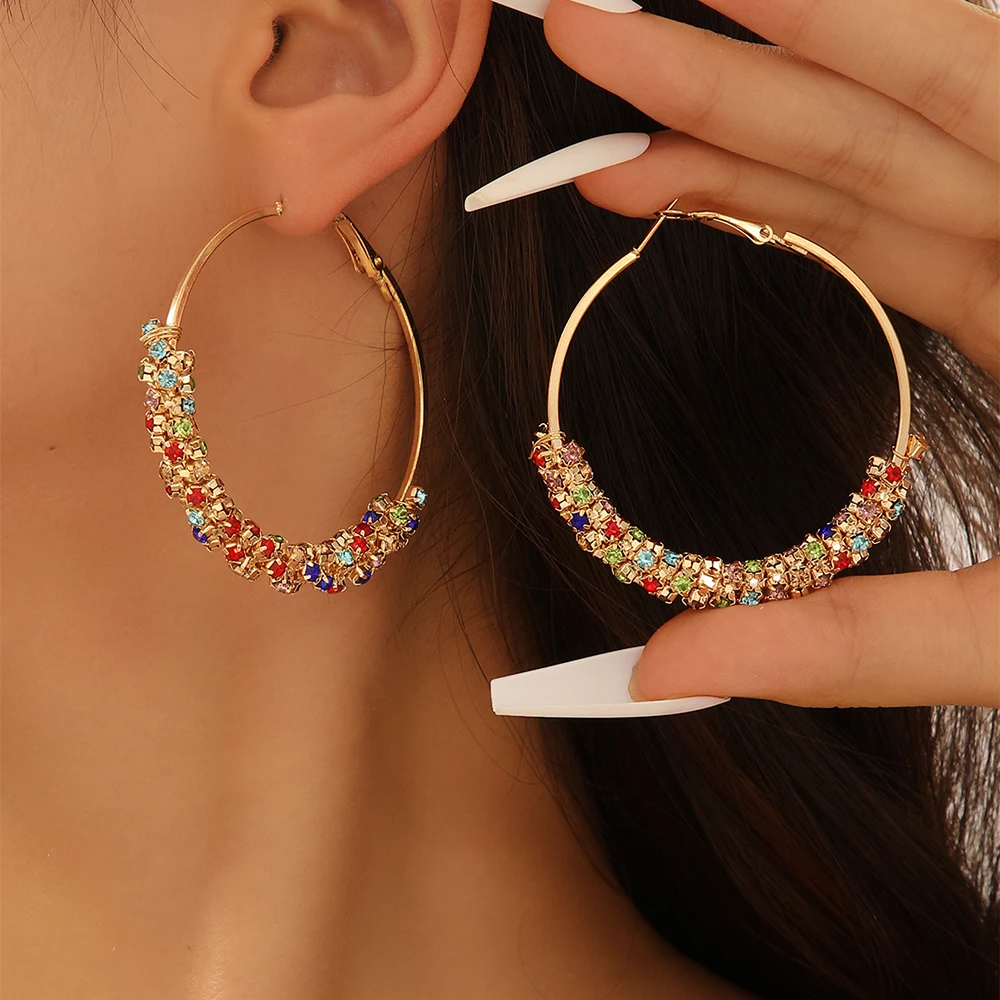 Luxury Colored Shiny Rhinestone Earrings For Women Temperament Vintage Large Circle Earrings Female Party Jewelry