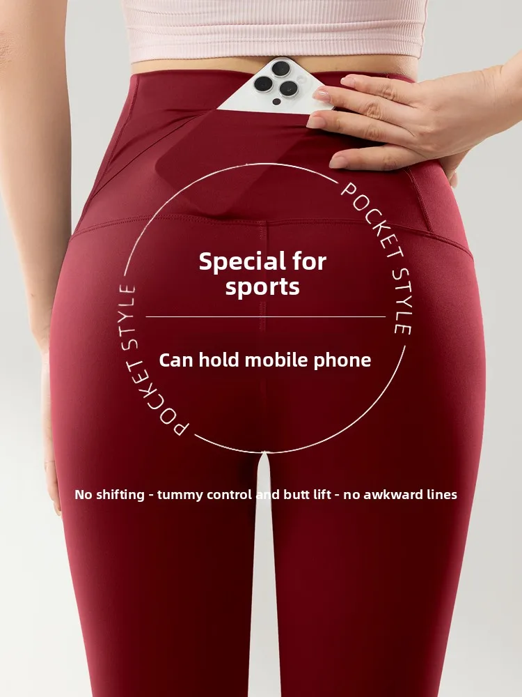 Red High-Waist Sharkskin Pants Women's Outerwear Spring Summer Thin Yoga Fitness Base Layer Trousers Pocket Design Slim Fit