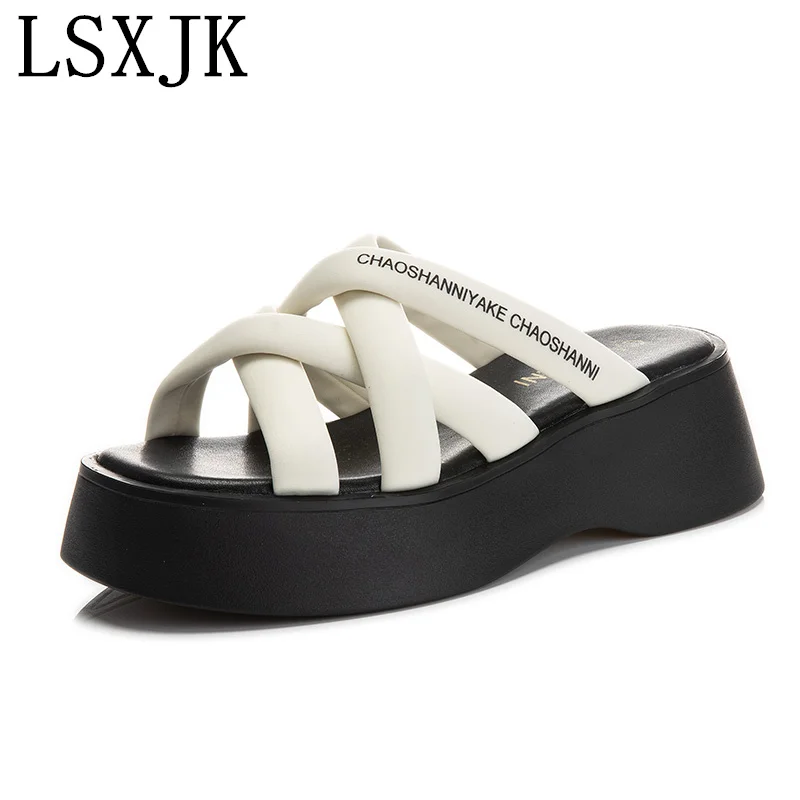 

LSXJK 2022 Summer New Ladies Slippers Women Outer Wear Cross Platform Beach Sandals Casual Flat Women's Shoes