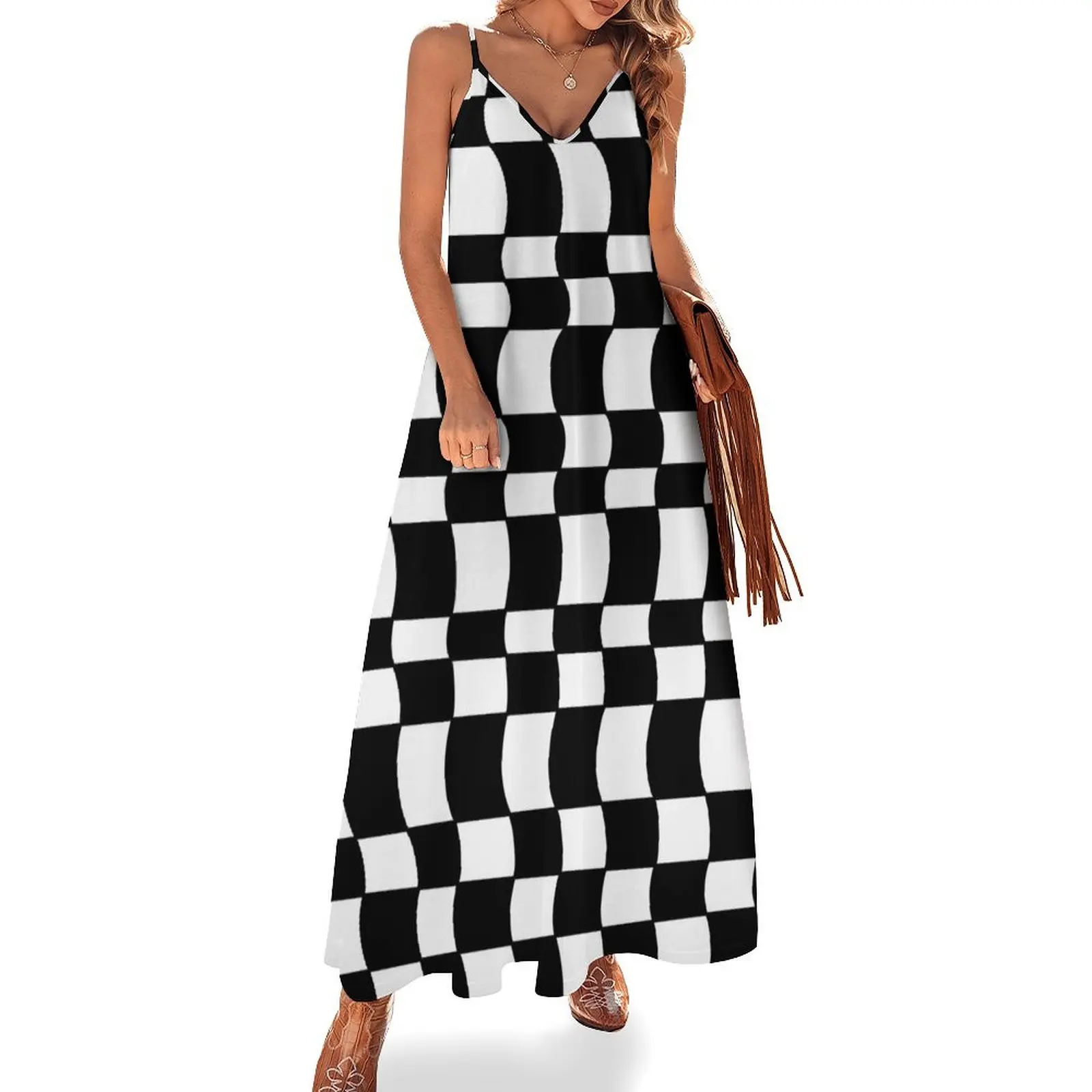 

Geo Check in Black and White Sleeveless Long Dress party dresses women dress summer evening dress women Clothing female