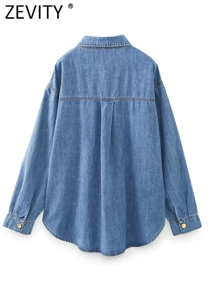 Zevity New Women Vintage Double Pockets Patch Loose Denim Smock Blouse Office Lady Chic Button Shirt Business Blusas Tops LS5418