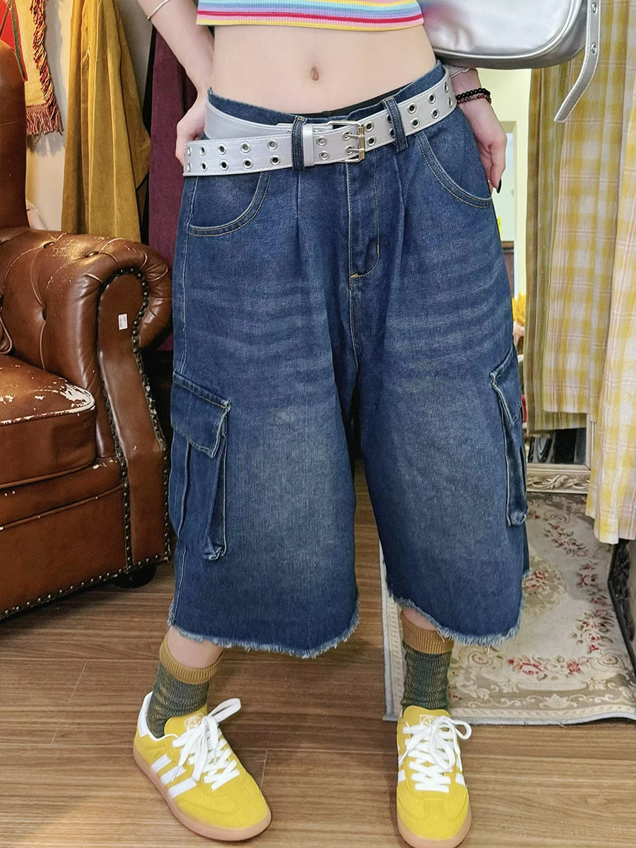 

American Retro Workwear Frayed Denim Jeans Women Summer Loose Street Wide Leg Seven Parts Trendy High Waist Blue Jeans