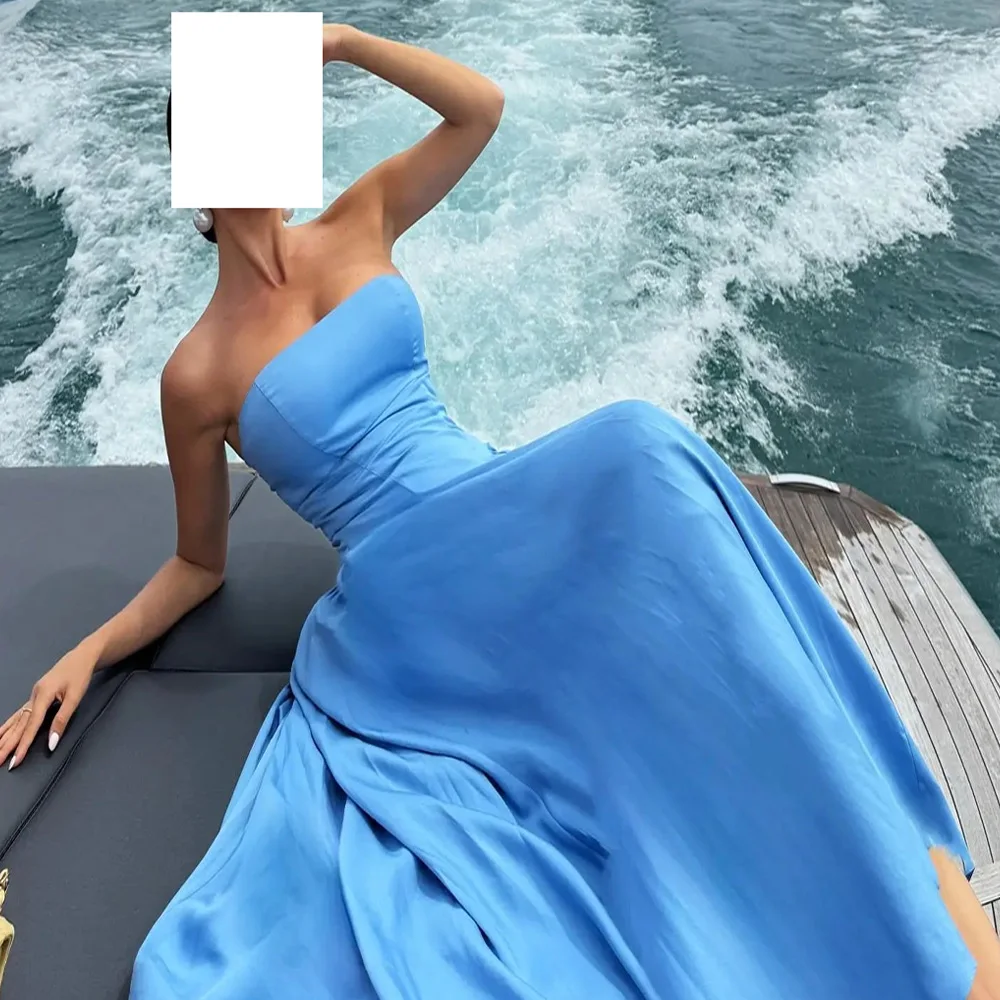 Modern A-Line Floor Length Strapless Jersey Sleeveless Pleats Evening Dress Fashion Photo Color Custom Size Celebrity Gowns