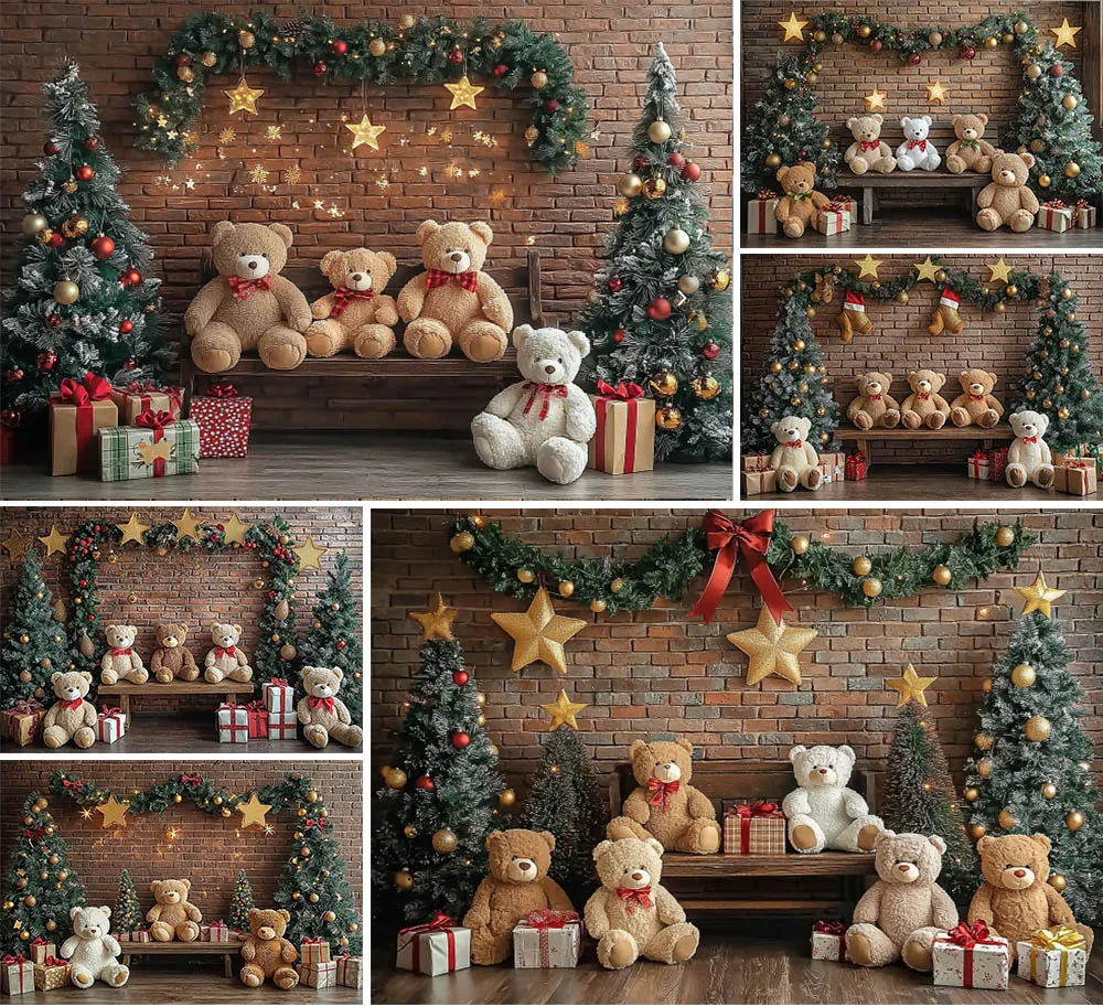 

Mehofond Christmas Photography Backdrop Brick Wall Toy Bears Baby Shower Portrait Wooden Bench Gift Stars Tree Decor Background