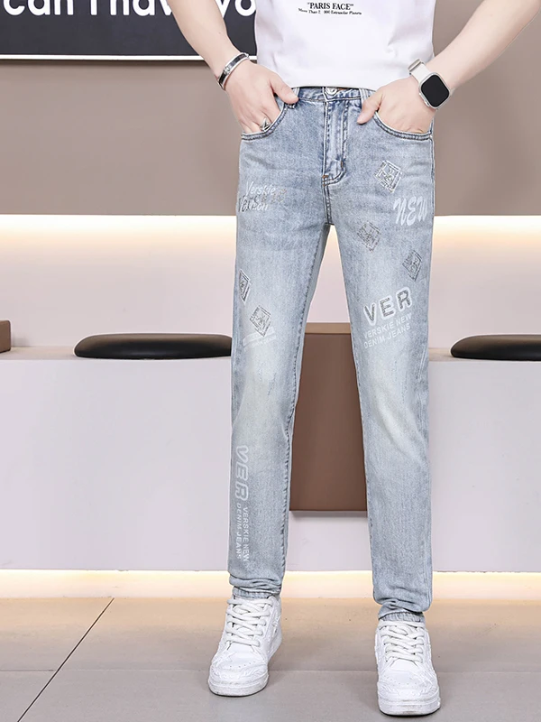 

Элитные мужские джинсы с принтом и стразами, эластичные, с вышивкой и прорезями, модные, облегающие, повседневные, длинные брюки в стиле Harlan