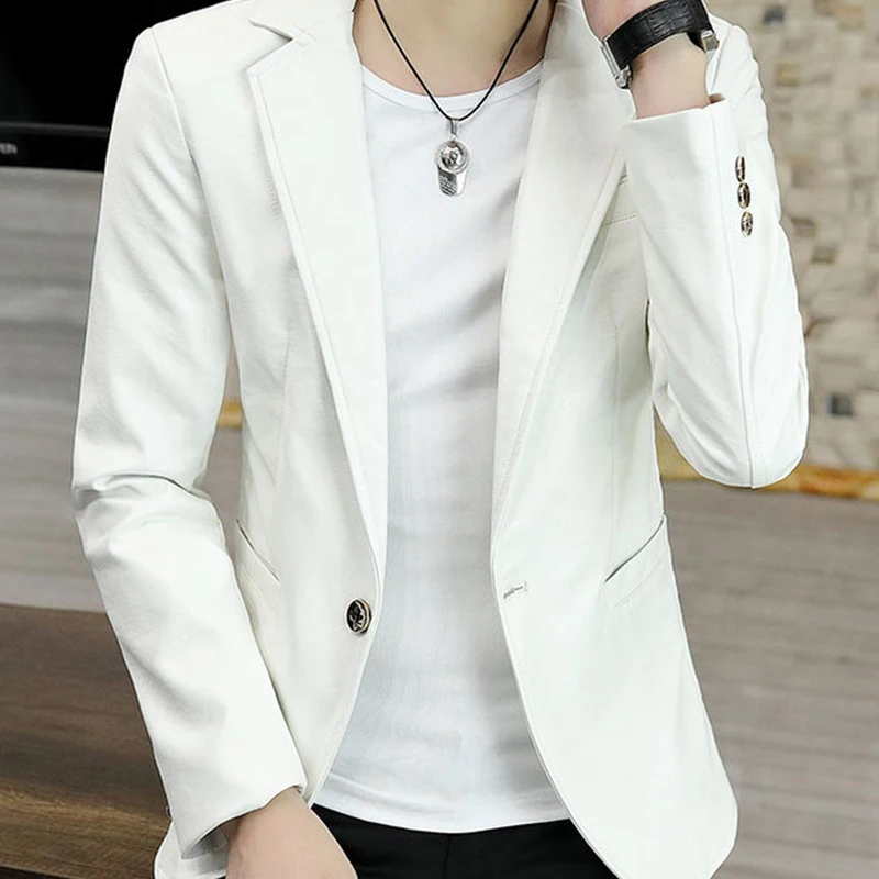 Idopy Men`s Faux Leather Jacket Business Classic Slim Fit Pockets Office Business Outerwear Blazer Jacket and Coat For Male