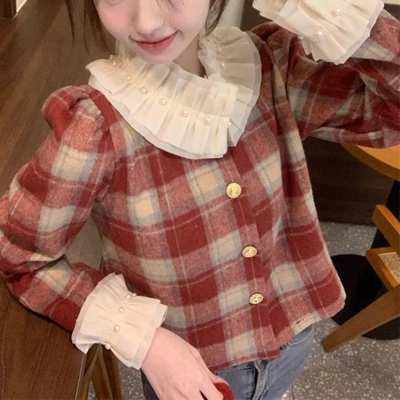 Vintage Plaid Ruffled Neck Coats Spring Autumn Stylish Patchwork Beading Women\'s Clothing French Style Single-breasted Jackets