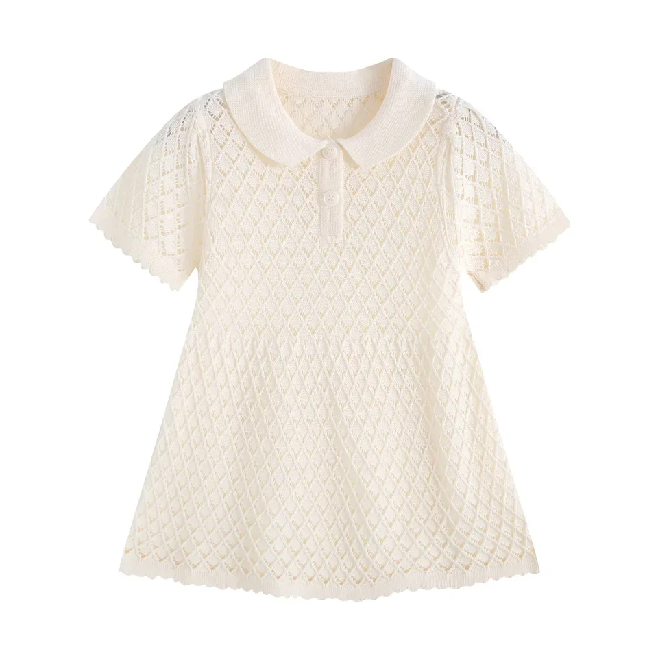 Girls' thin knitted dress, summer new style, lapel short sleeved hollow soft and sticky waist princess skirt