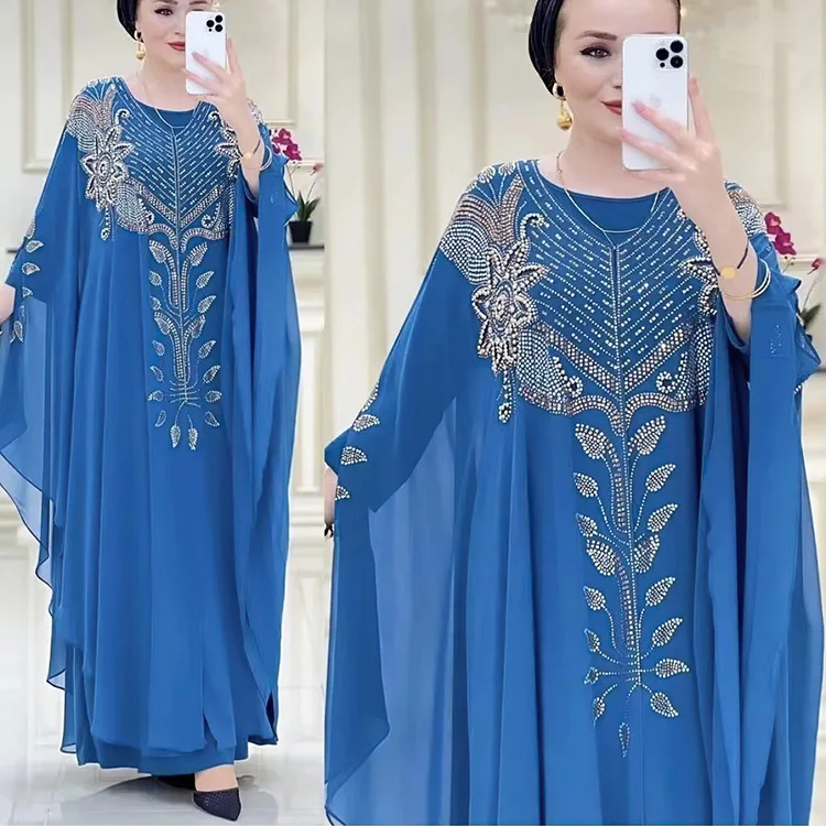 rican Heavy Work Perlen Chiffon Dr. Lange muslimische Damenbekleidung V-Ne Lose Taille Langes Sve bodenlanges Kleid