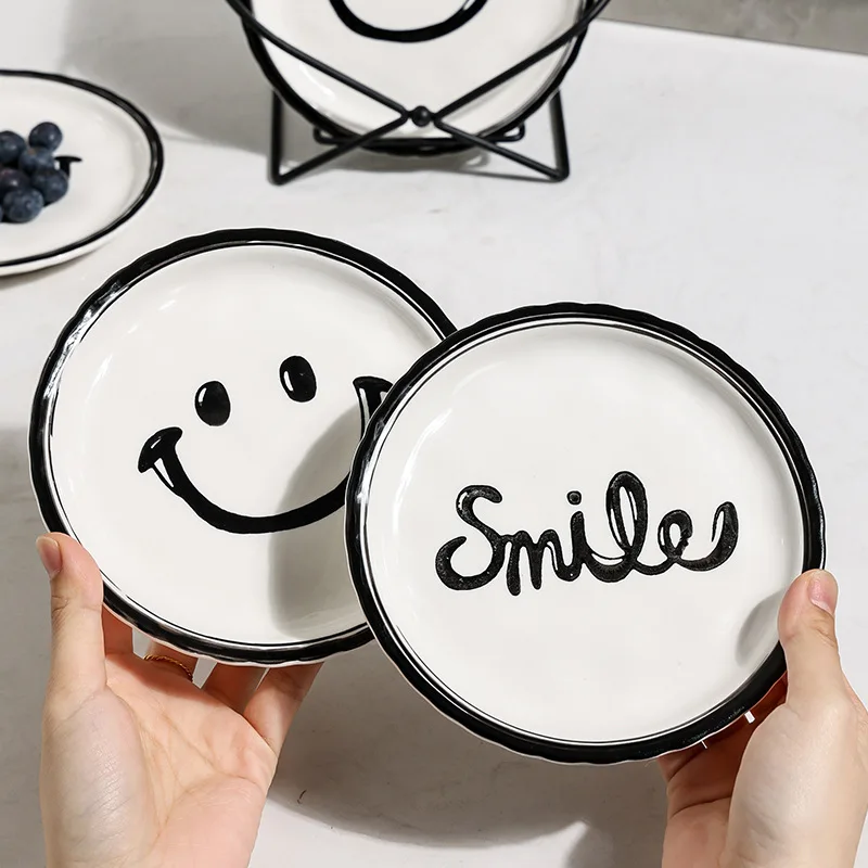 6 Piece Smiling Plate Korean INS With Metal Rack Dessert Ceramic Plates Fruit Cake Dish Breakfast Bread Tray Dishs Decor Display