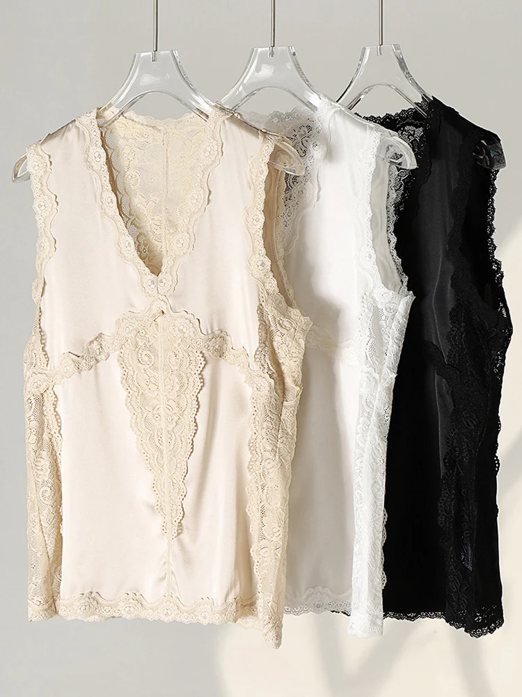 SuyaDream. Women Lace Tanks, Real Silk and Lace, V neck, Sleeveless Chic T Shirt, 2025 Solid Summer Vests, Black, White