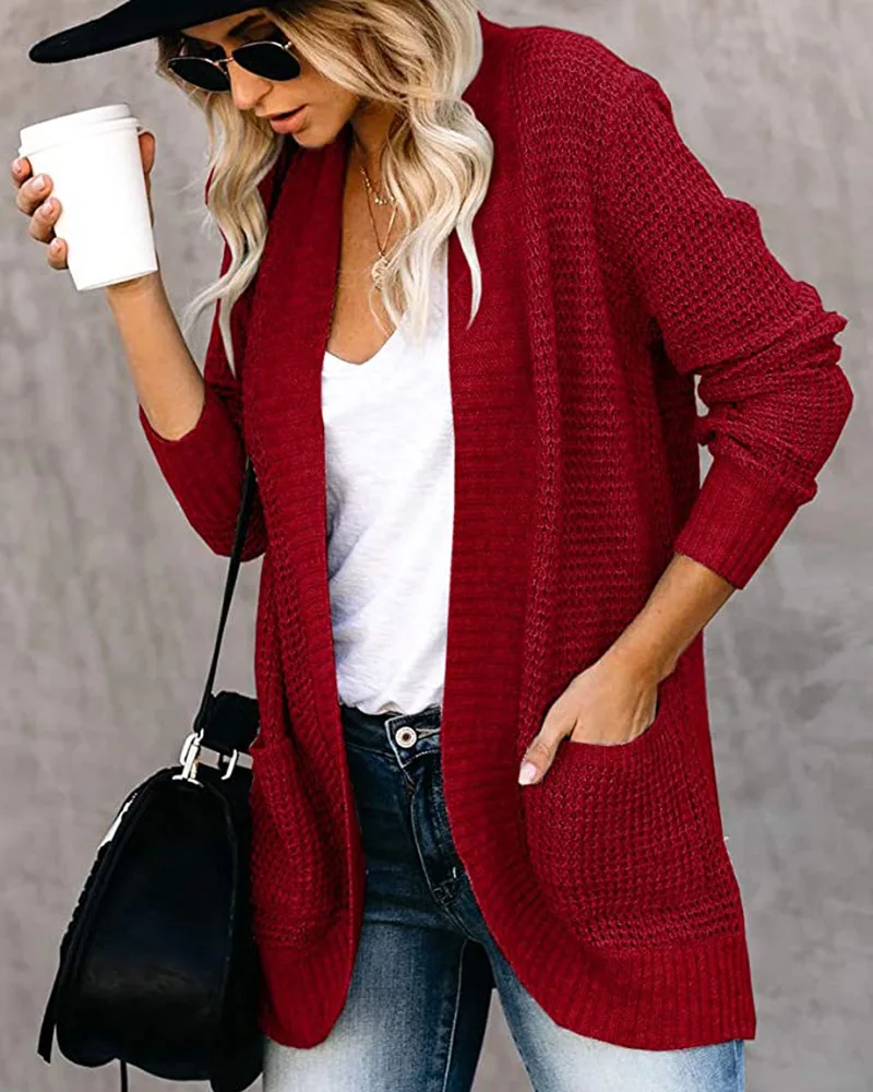 

2023 Autumn/Winter New Women's Comfortable Casual Curved Front Loose V-neck Large Pocket Sweater Cardigan