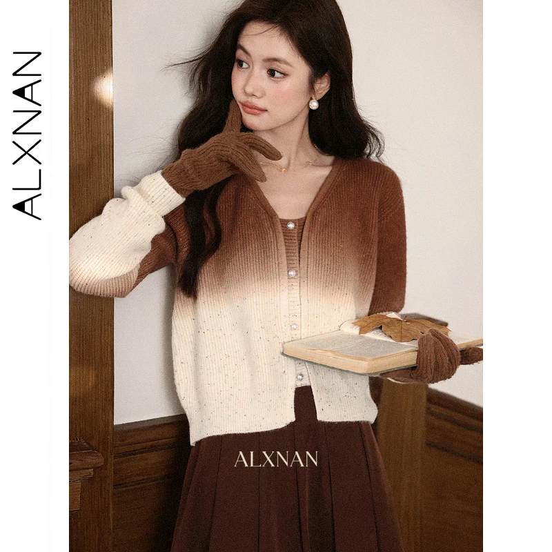 

ALXNAN женский вязаный свитер с v-образным вырезом в стиле пэчворк, украшение на пуговицах с жемчугом, осень 2022, элегантный свободный пуловер с длинными рукавами L57661
