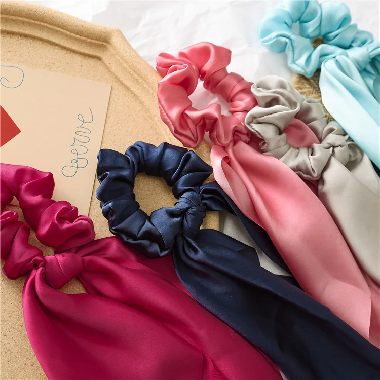 Fashion Solid Knotted Satin Long Hair Rope Korean Hair Ties For Women Ponytail Scarf Sweet Elastic Hair Band Hair Accessories