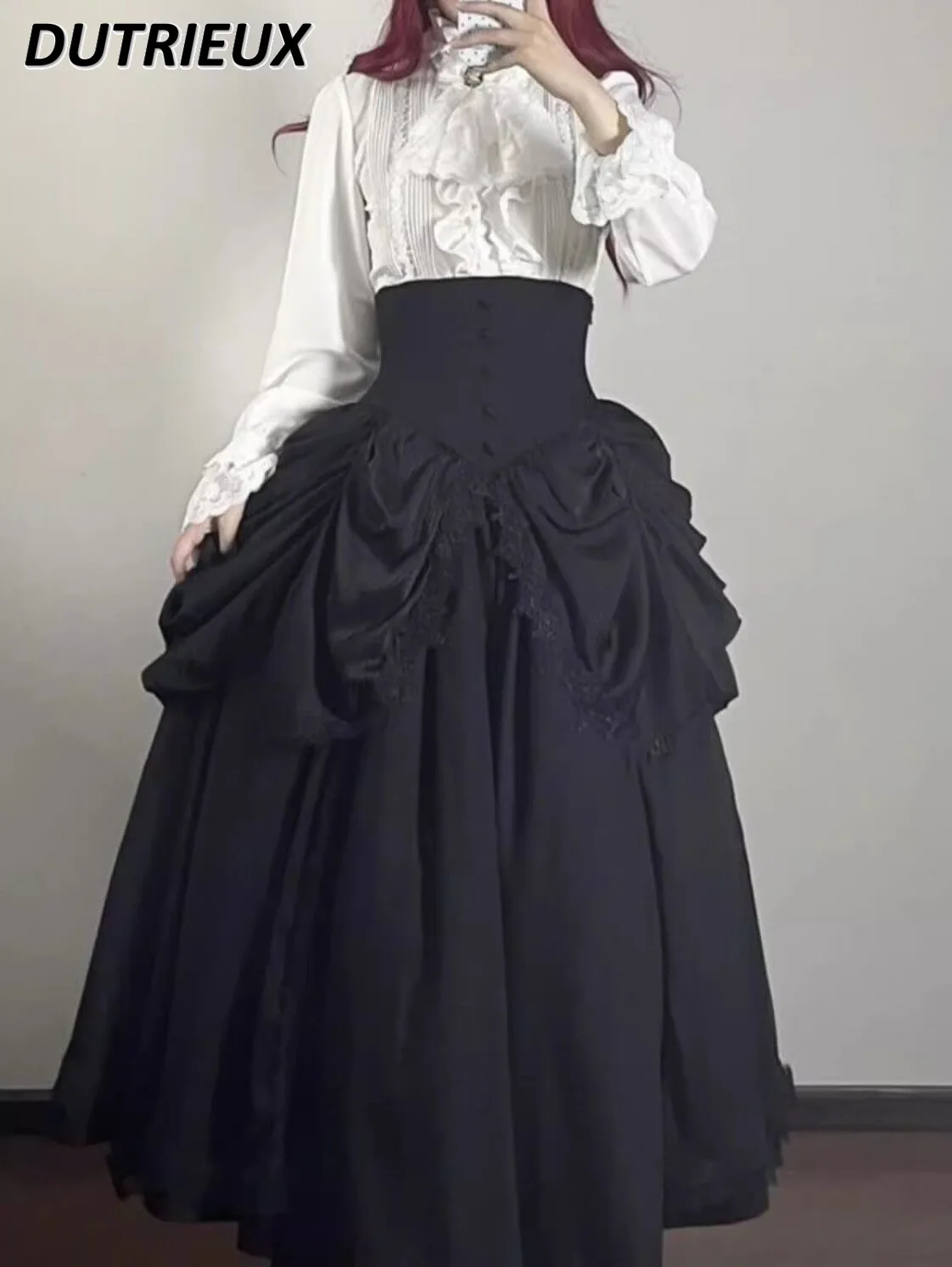 Japanese Lolita Solid Color Tops Flared Long-Sleeved Shirt Dark Goth Style Slimming Daily High Waist Long Skirt Women Outfits