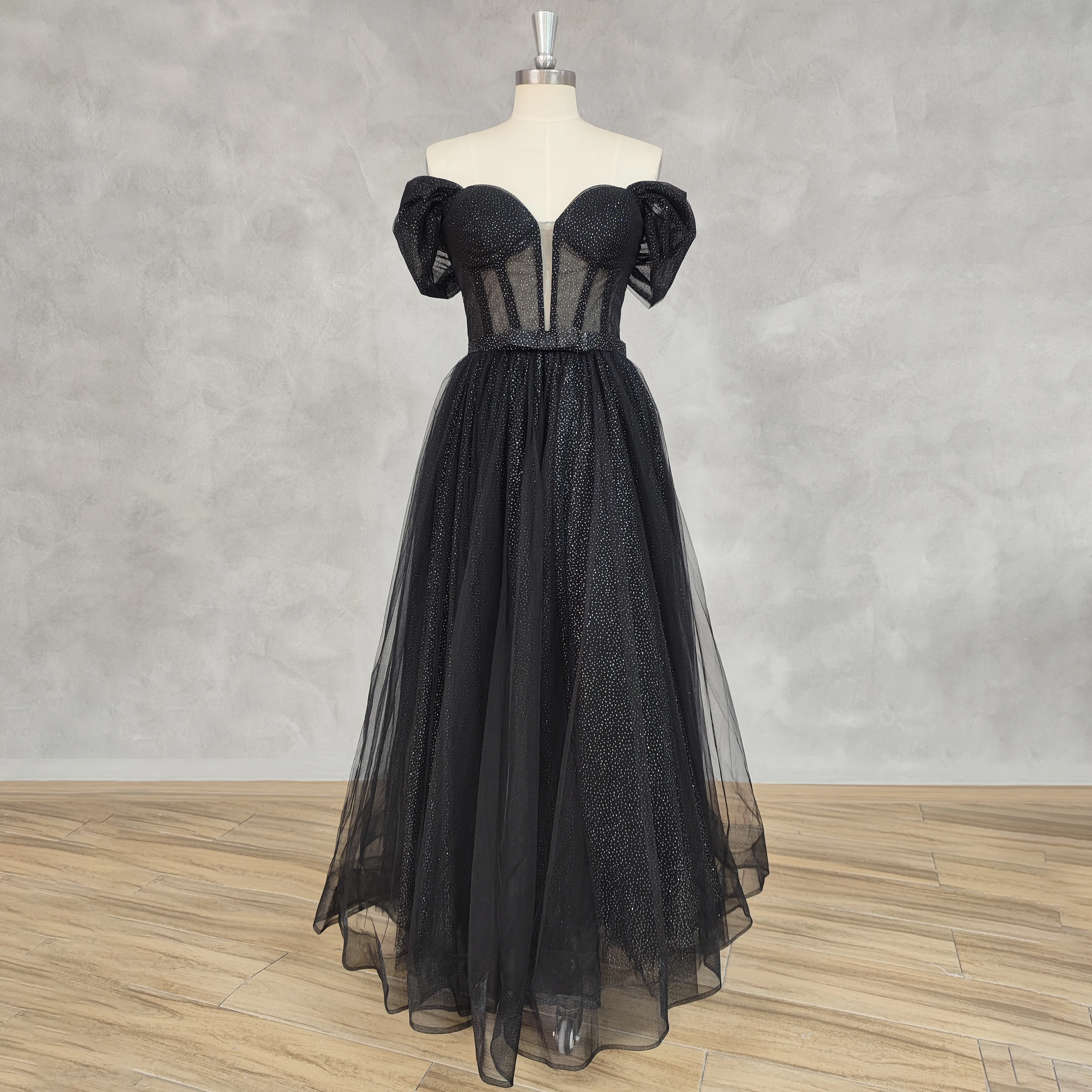 DIDEYTTAWL Real Photos Black Off-Shoulder Sweetheart Shiny Tulle Prom Dress A Line Lace Up Back Ankle-Length Evening Gown