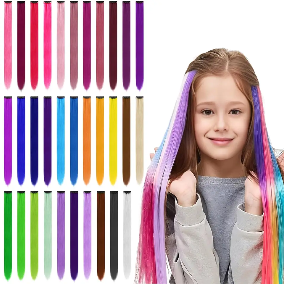 Extensiones de cabello con clip de 22 pulgadas, de colores, para fiestas, mechas, largas y rectas, sintéticas, para mujeres, niñas y niños