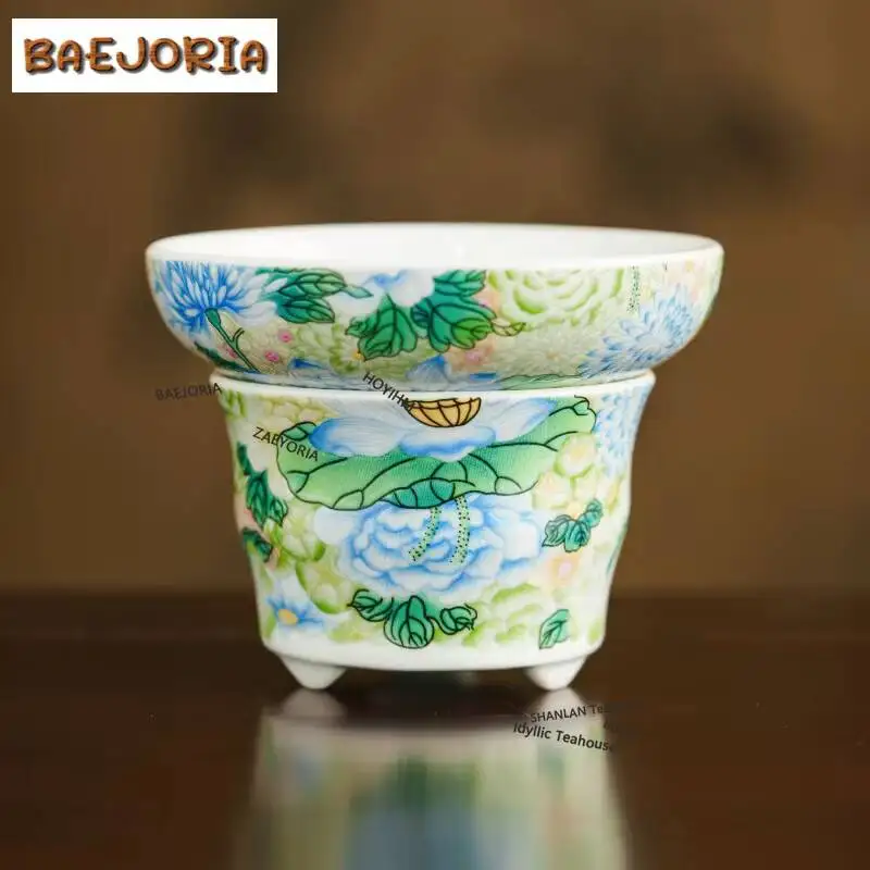 BAEJORIA Colour Enamels Green Peony Tea Separator Infusor Luxury Tea Strainer Dispenser Tea Maker Tea Filter Tableware Gift
