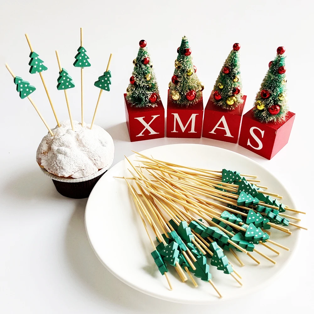 100Pcs Christmas Disposable Bamboo Skewers Santa Xmax Tree Fruit Fork Buffet Dessert Cocktail Sticks Christmas Decoration 2024