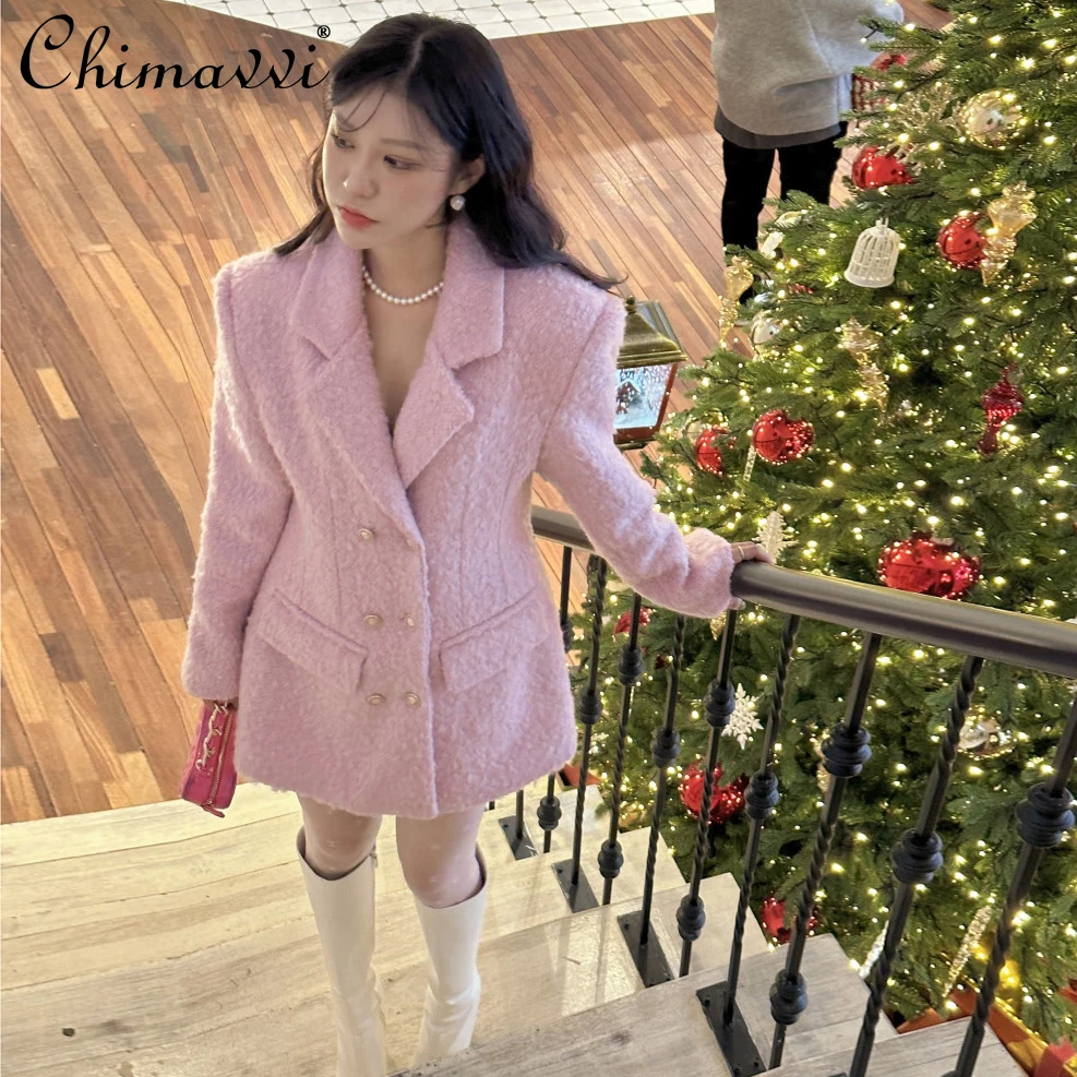 Sweet High-end Fashion Suit Collar Dress Jacket Autumn and Winter New Long-sleeved Slim-fit Temperament OL Woolen Coat Women