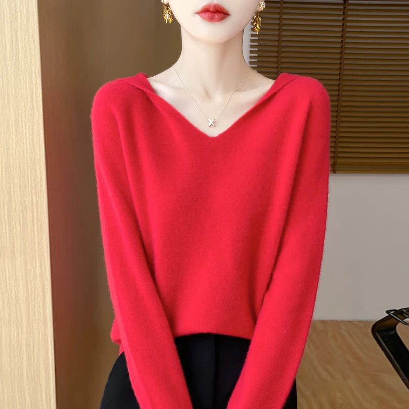 Women Autumn Winter Clothing Hooded Collar Pullover 100% Merino Wool Sweater New Fashion Cashmere Tops Bottoming Knitwear Soft