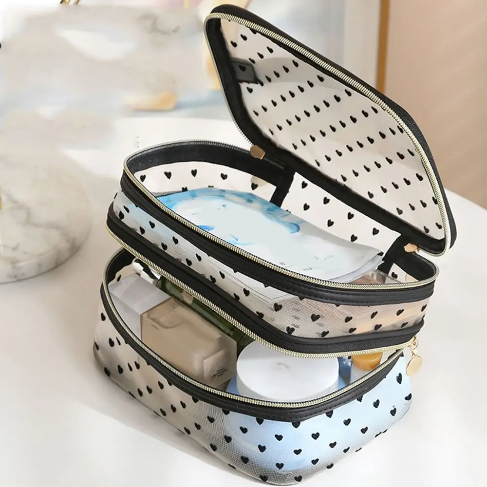 Double/Single Layer Mesh Love Makeup Bag Black Heart Printed Zipper Women Toiletry Bag Transparent Convenient To Carry