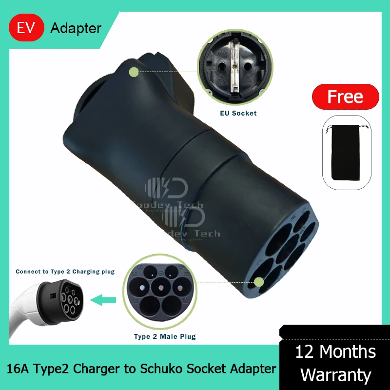 

Type 2 Male Schuko 16A Adapter Mennekes Type 2 EV Charger to European Domestic Socket for Electric Scooters E-Bikes