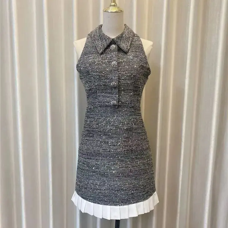 

High Quality Sequin Sleeveless Women Dress French Tweed Vest Vestidos Summer Patchwork Pleated Mini Dresses Z345