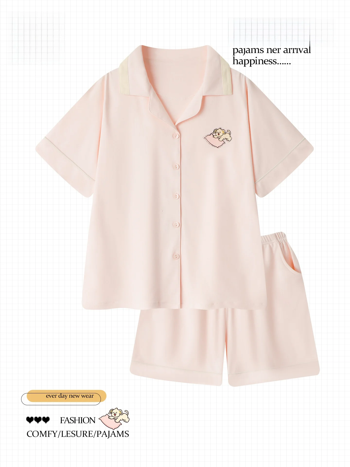 かわいいピンクの小さな犬純綿生地綿-00-女性の夏半袖スウィートガールホーム服パジャマ快適