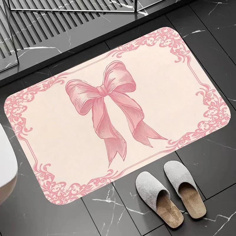 Cute Pink Bow Welcome Door Mat Soft Carpet Bathroom Anti-silp Pad Suitable for Living Room Entrance Decorations Accessories Rugs