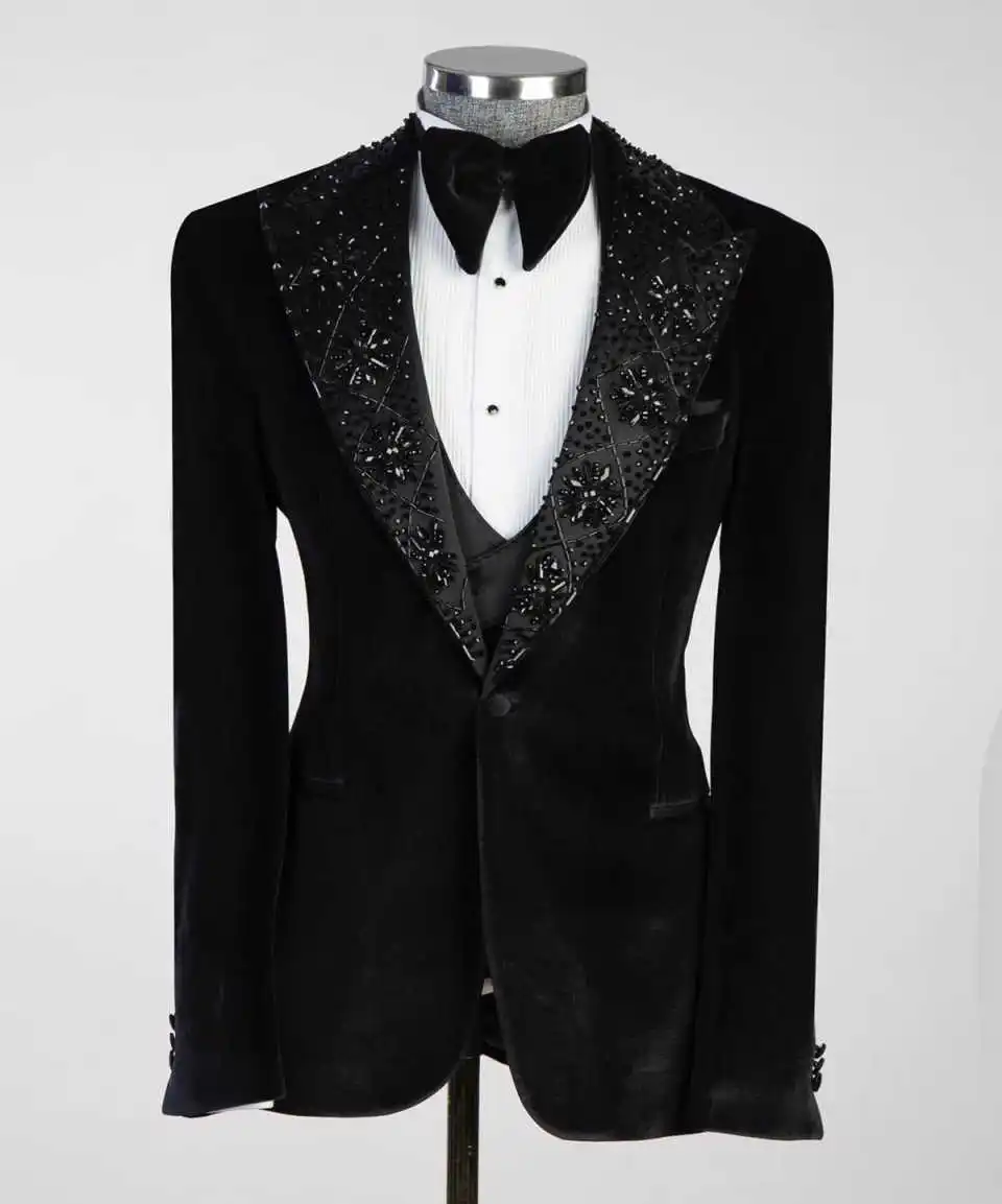 Luxury Beaded Men's Suits Set 3 Pcs Velvet Bridegroom Tuxedos Customized Formal Wear Prom Evenings Dinner Party Suits