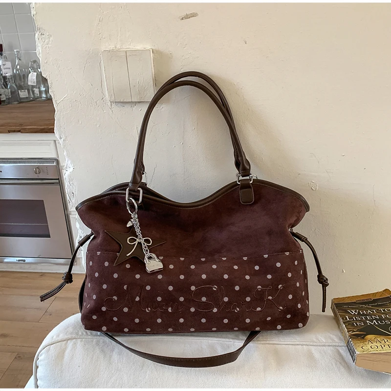 Star-print Polka Dot Tote Bag Harajuku Sweet Women's Letter Embroidery Large Capacity Shoulder Bag Blue Underarm Bag Handbag view 3
