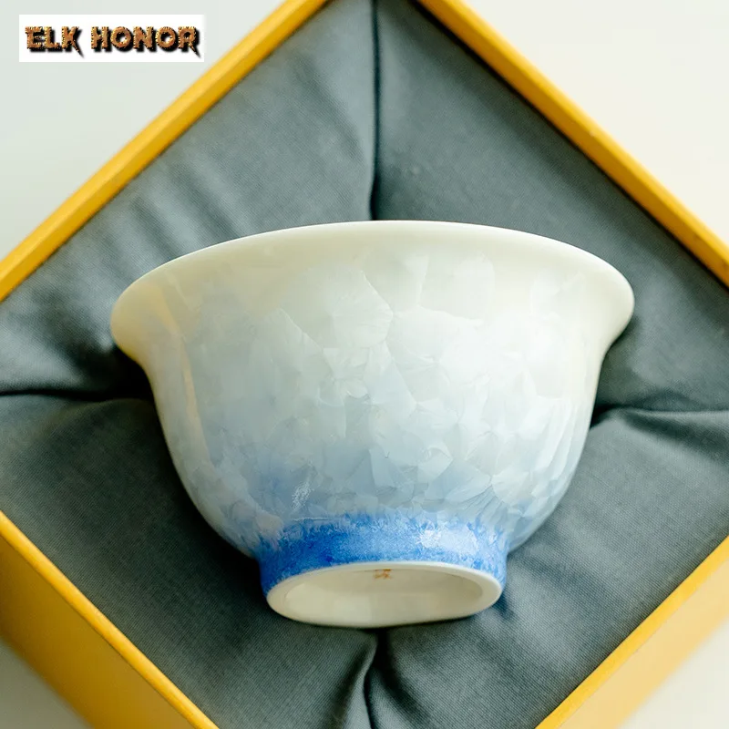 110ml Boutique Sky Blue Ice Flower Ceramic Teacup Creative Crystal Glaze Personal Tea Bowl Tasting Chazhan Kung Fu Teaset Gifts