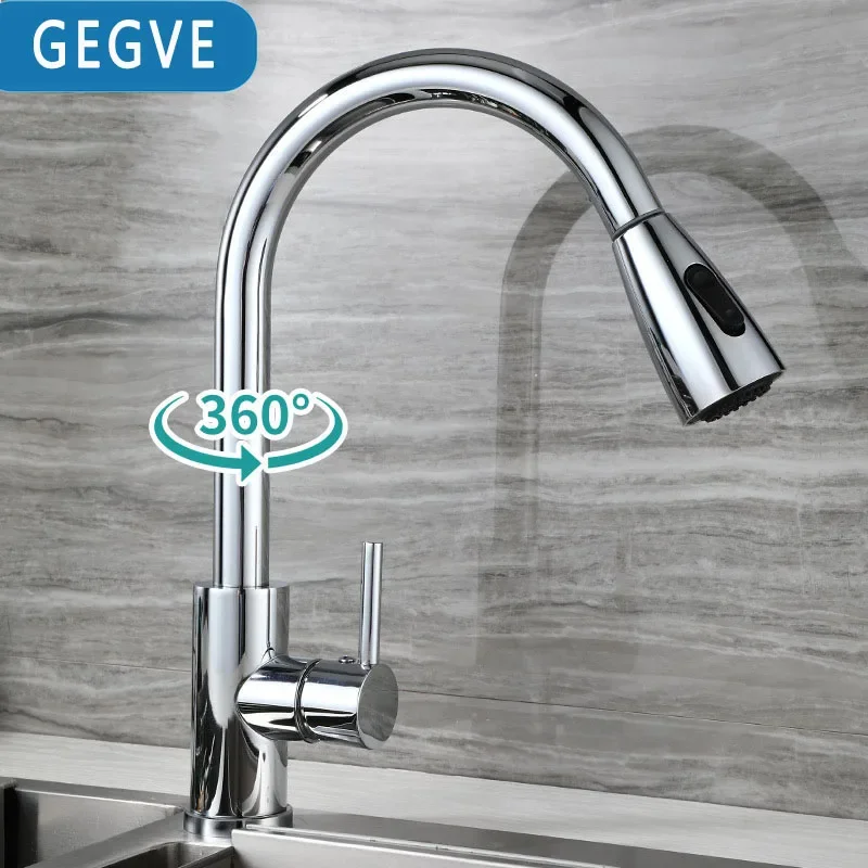 Imagem -02 - Gegve-stainless Steel Kitchen Faucet Misturador de Água Quente e Fria Fácil Puxar para Baixo Torneiras Rotativas Torneiras Pulverizador 304