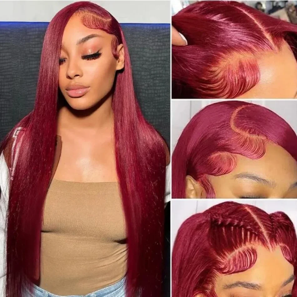 34 36 Inch 99j Burgundy 13x4 13x6 Full Frontal Lace Preplucked Colored Straight Frontal Wig HD Transparent Lace Human Hair Wigs