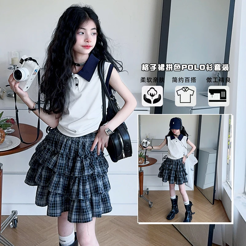 

Girls Y2k Japanese Preppy Style Clothes Set with Ruffled Plaid Skirt And Vest Punk Rock Subculture Cake Skirts for Ages 4-14Y