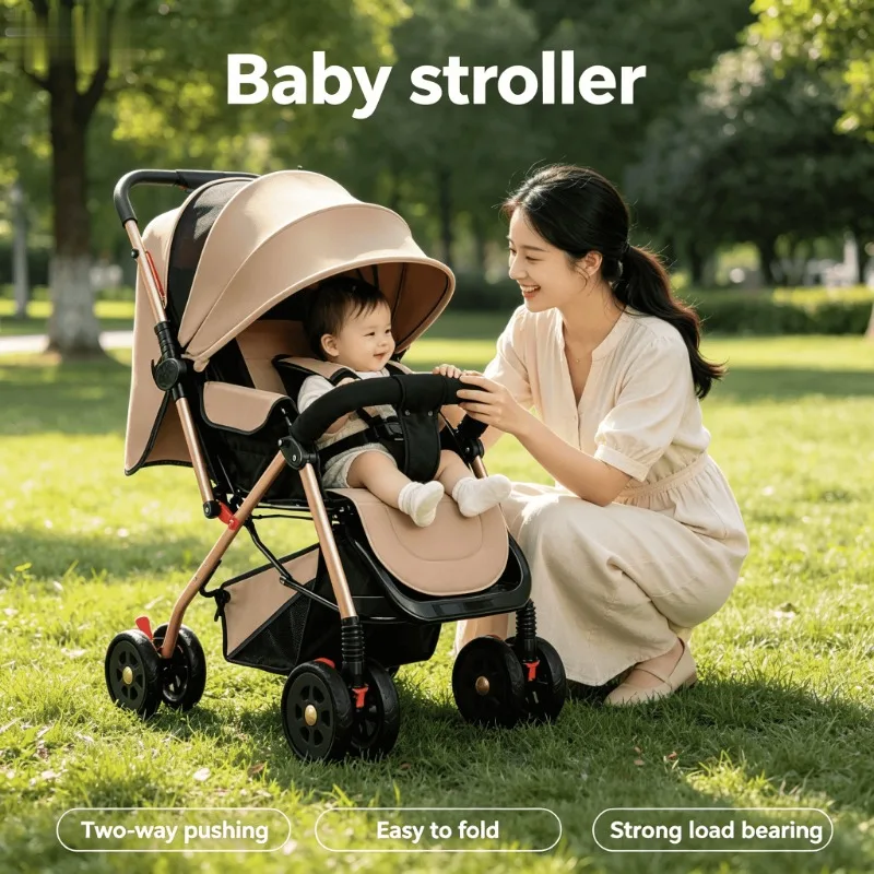 

Lightweight Foldable Baby Stroller with Reclining Seat Four-Wheel Shock Absorption Compact Travel One-Hand Fold Mechanism