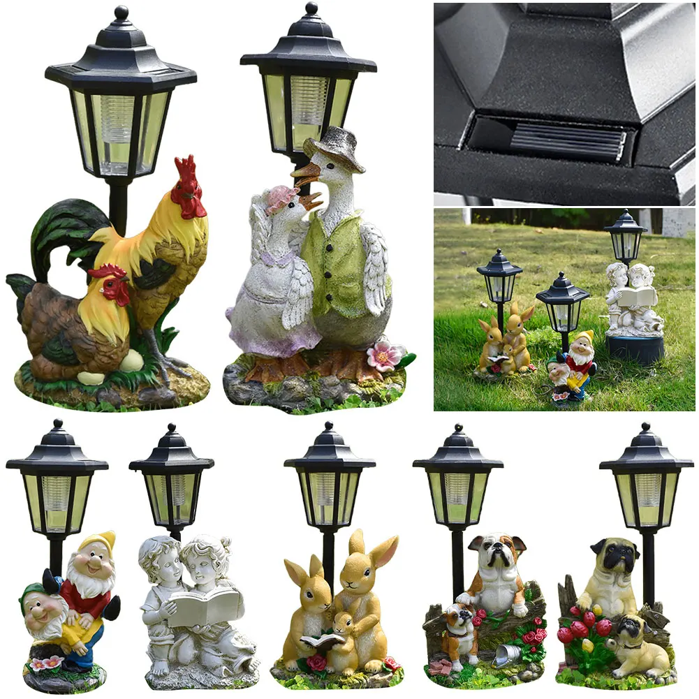 Solar Powered Hexagonal Garden Lamp Resin Cute Figurine Light Animal/Child/Gnome Hexagonal Decorative Lamp Courtyard Decoration