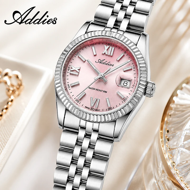 

ADDIES 2026 Luxury Women's Watch Swiss 585 Quartz Movement BGW9 Super Luminous 50m Waterproof Business Dress Woman Steel Watches