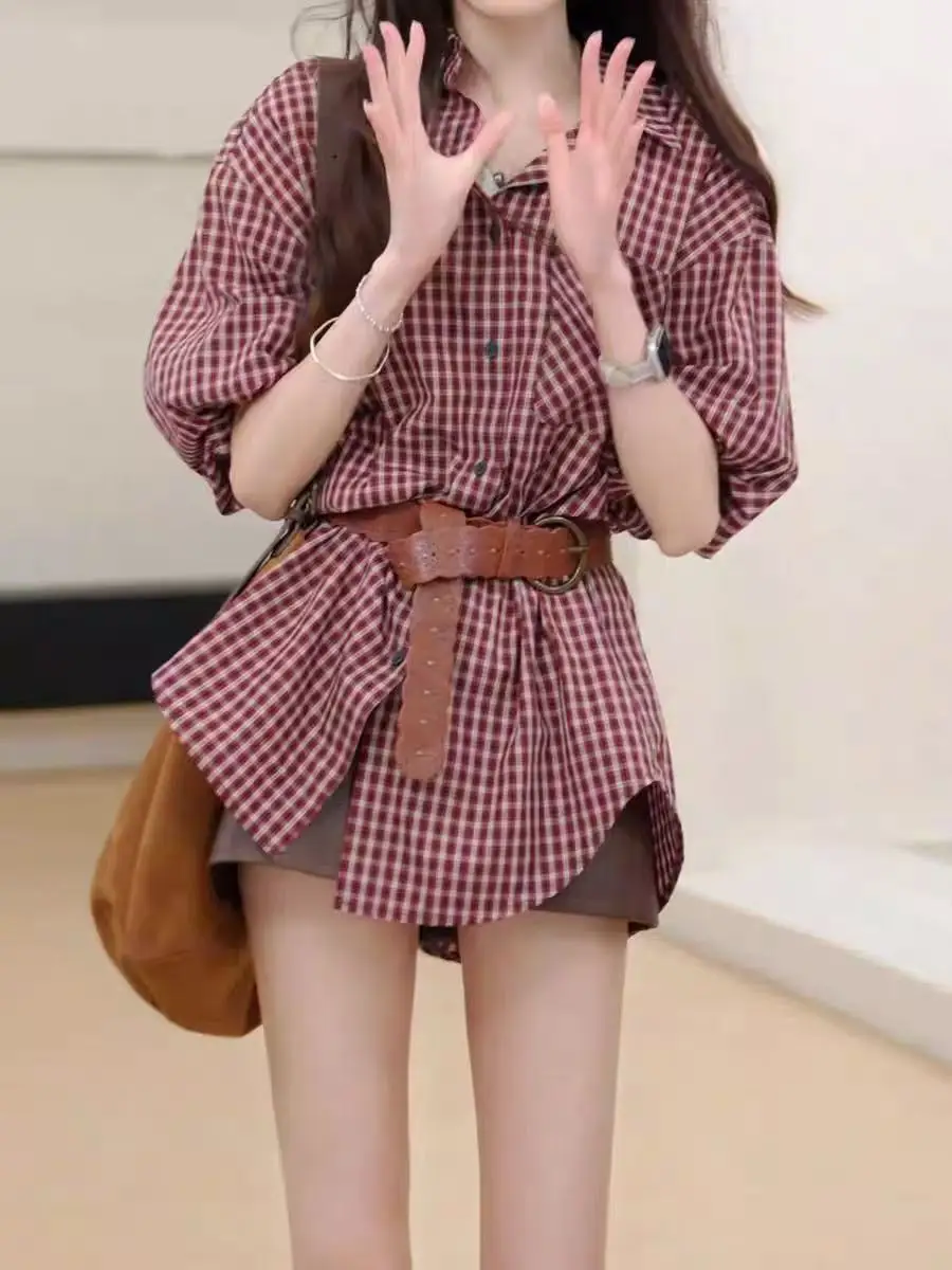 

Красный клетчатый длинный свек, свободный крой с воротником для женщин, осенний повседневный универсальный топ, дышащий, приятный для кожи, полиэстер