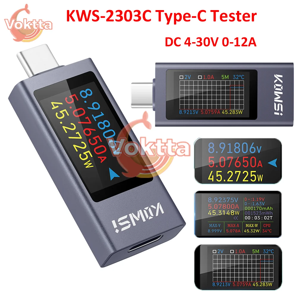 

KWS-2303C Type-C Tester DC Voltmeter Ammeter DC 4-30V 0-12A Current and Voltage Test Monitor Power Meter Battery Capacity Tester