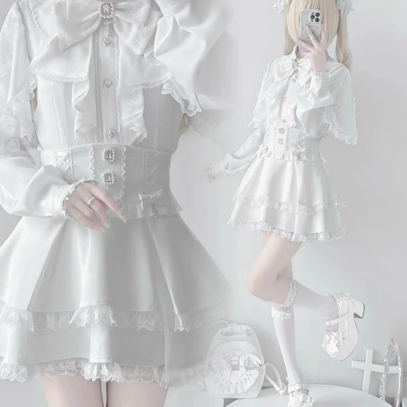 Japanese Y2k Aesthetic Lolita Style Bow Skirt Set Women Gothic Lace Shawl Shirt Ruffle Mini Skirts Gown Faldas Sweet Lolita Suit
