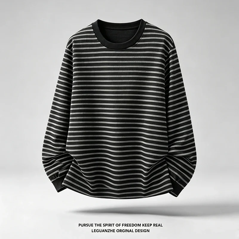 Men Striped Long Sleeve T Shirt Crew Neck Loose Fit Casual Basic Tee Soft Breathable Daily Wear Autumn Winter Tops image 4